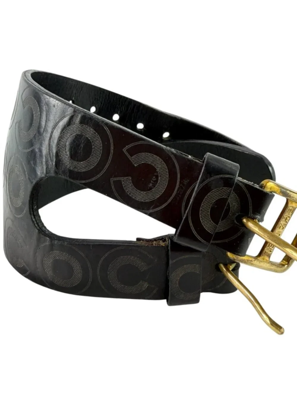 CHANEL Vintage 2001 Black Leather Cuff Bracelet COCO Print Double Buckles
